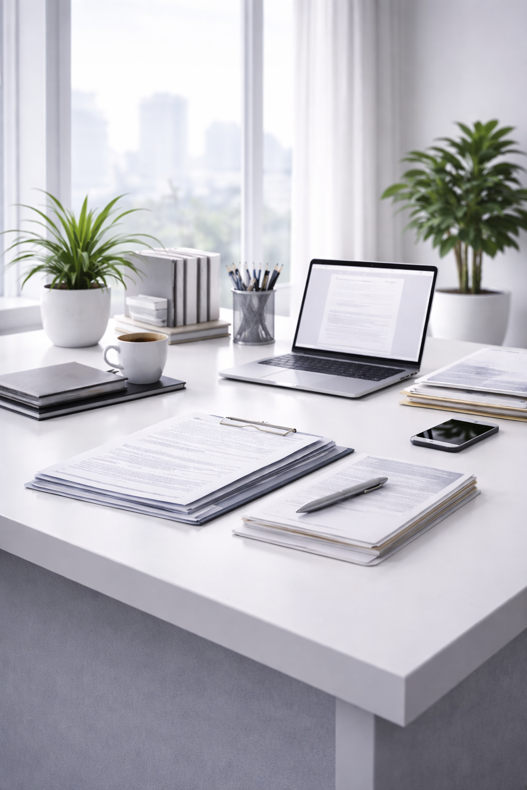 Mesa de trabalho com documentos e laptop